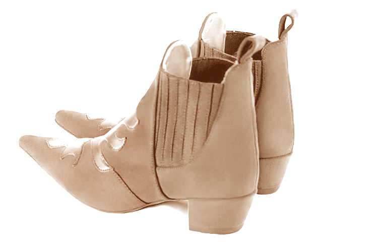 Tan beige and gold women's ankle boots, with elastics. Pointed toe. Low cone heels. Rear view - Florence KOOIJMAN